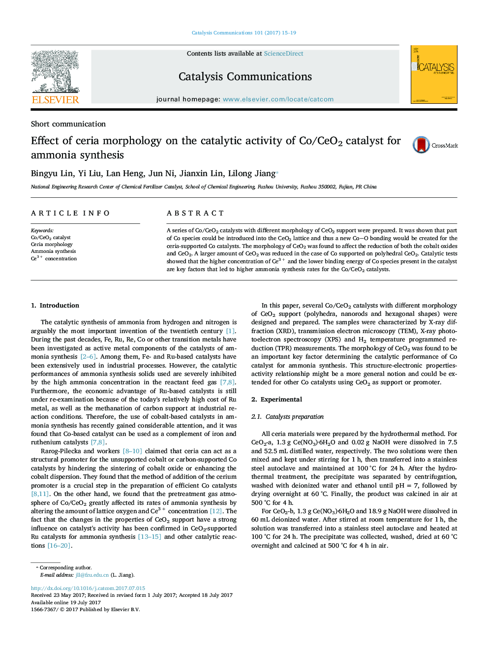 Effect of ceria morphology on the catalytic activity of Co/CeO2 catalyst for ammonia synthesis