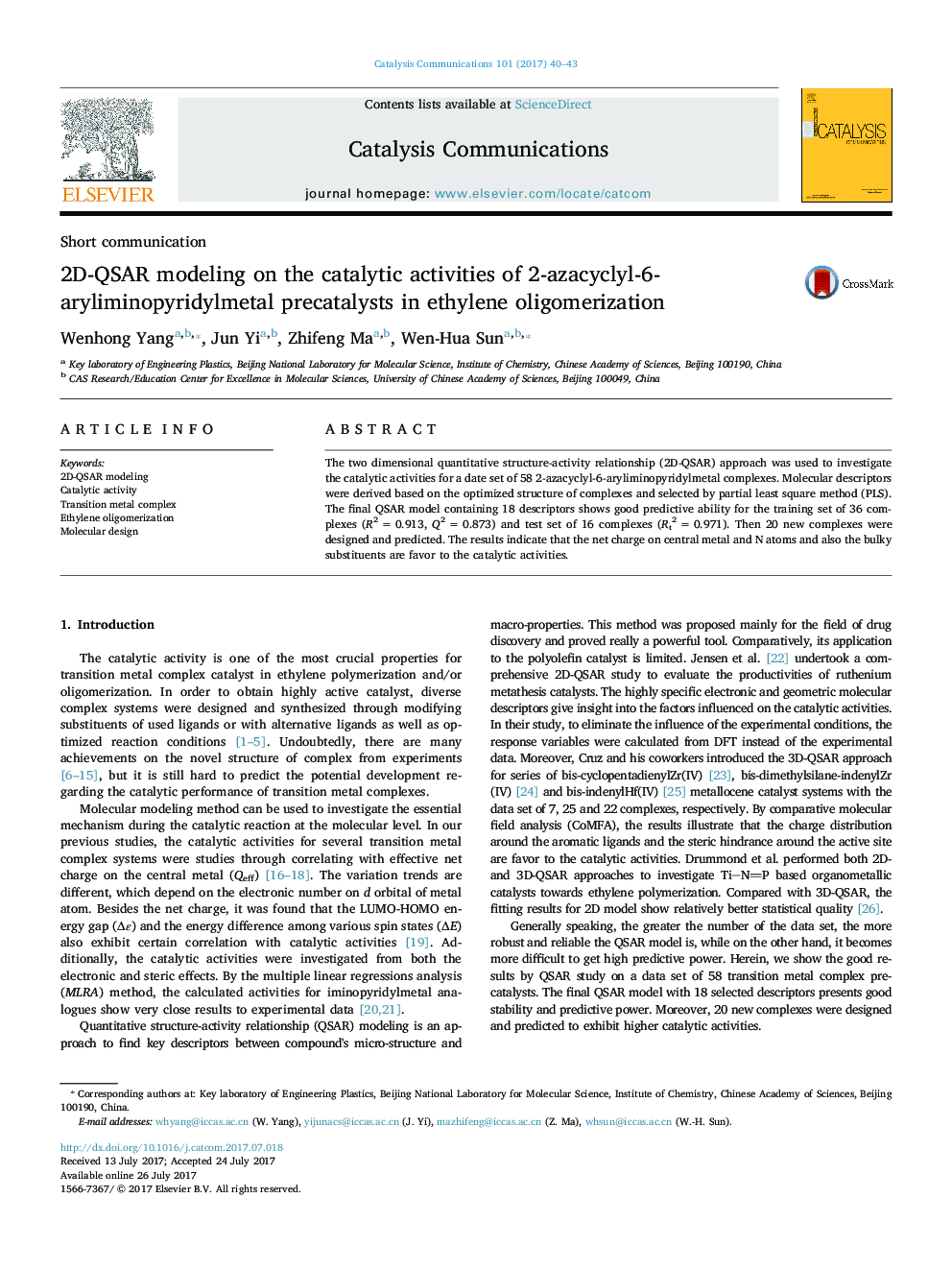 2D-QSAR modeling on the catalytic activities of 2-azacyclyl-6-aryliminopyridylmetal precatalysts in ethylene oligomerization