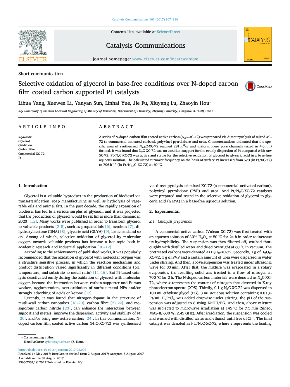 Selective oxidation of glycerol in base-free conditions over N-doped carbon film coated carbon supported Pt catalysts