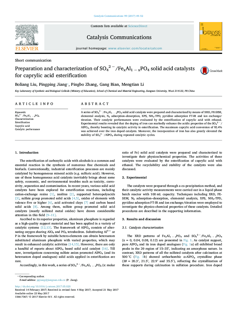 Preparation and characterization of SO42Â â/FexAl1Â âÂ xPO4 solid acid catalysts for caprylic acid esterification