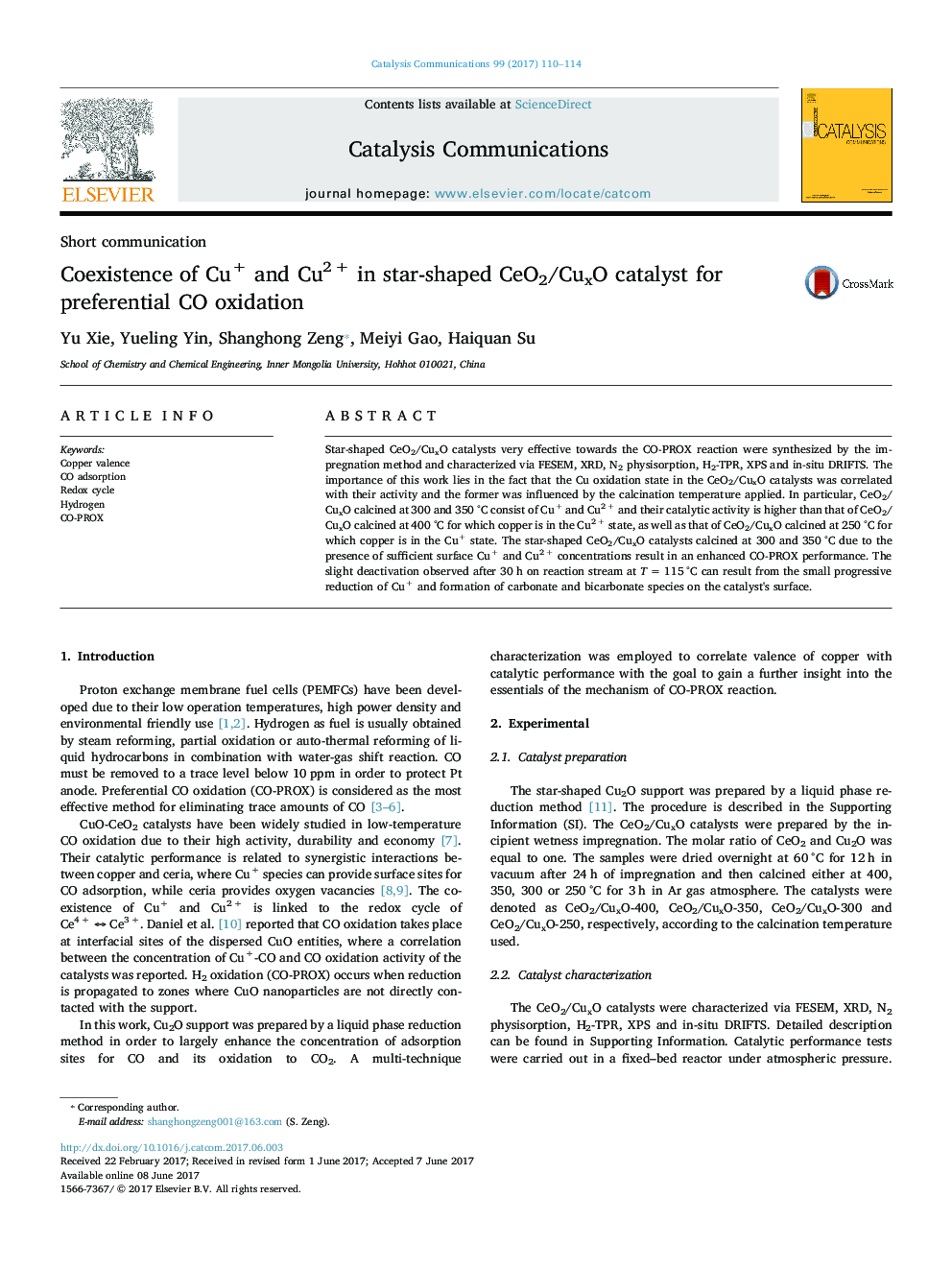 Coexistence of Cu+ and Cu2Â + in star-shaped CeO2/CuxO catalyst for preferential CO oxidation