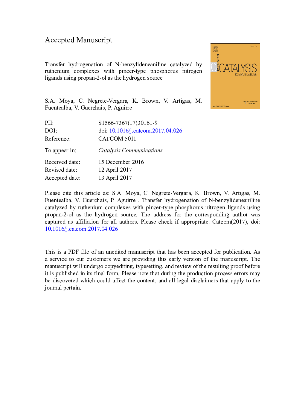 عکس صفحه اول مقاله: Transfer hydrogenation of N-benzylideneaniline catalyzed by ruthenium complexes with pincer-type phosphorus nitrogen ligands using propan-2-ol as the hydrogen source Transfer hydrogenation of N-benzylideneaniline catalyzed by ruthenium complexes with pincer-type phosphorus nitrogen ligands using propan-2-ol as the hydrogen source