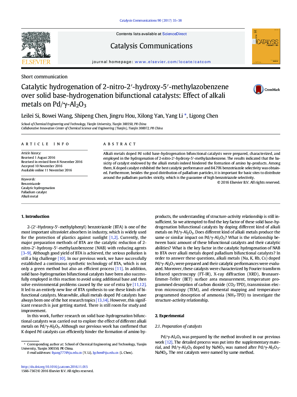 Catalytic hydrogenation of 2-nitro-2â²-hydroxy-5â²-methylazobenzene over solid base-hydrogenation bifunctional catalysts: Effect of alkali metals on Pd/Î³-Al2O3