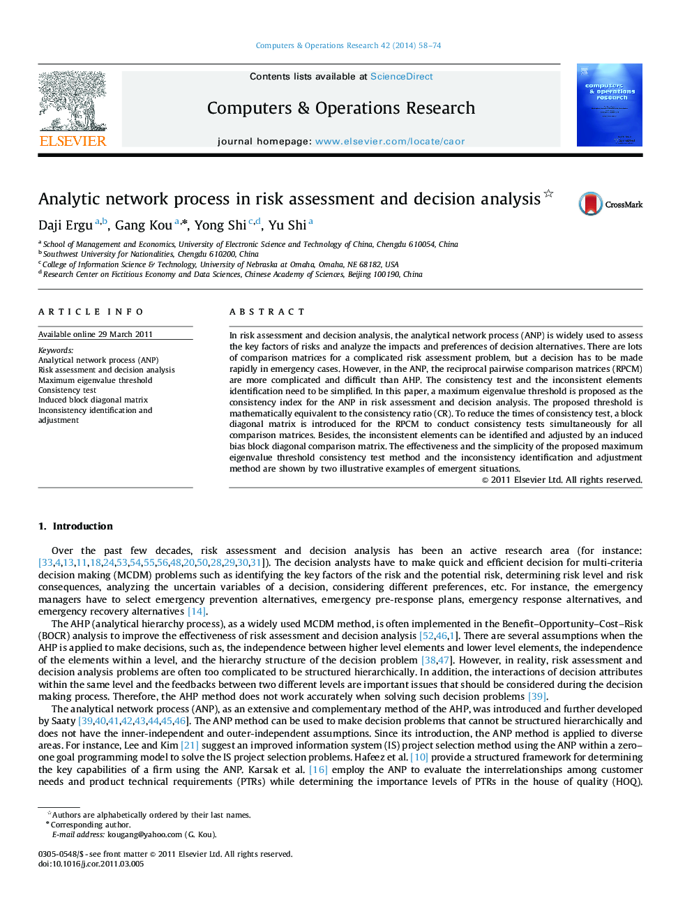 Analytic network process in risk assessment and decision analysis 