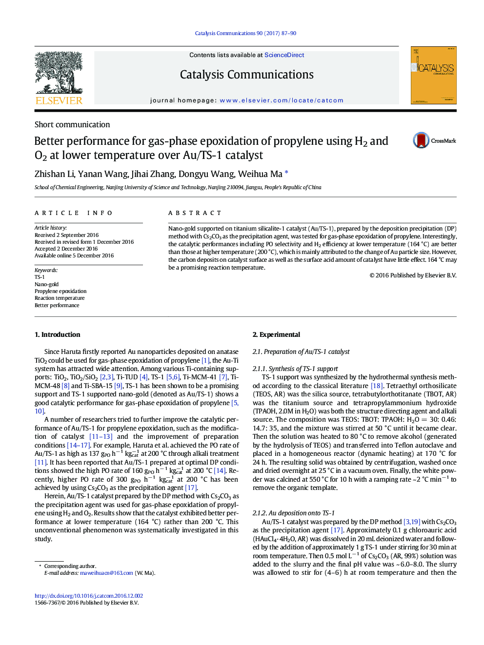 Better performance for gas-phase epoxidation of propylene using H2 and O2 at lower temperature over Au/TS-1 catalyst