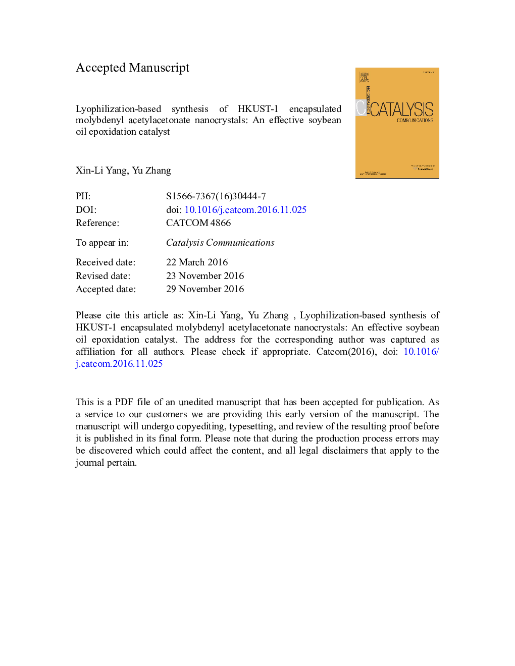 Lyophilization-based synthesis of HKUST-1 encapsulated molybdenyl acetylacetonate nanocrystals: An effective soybean oil epoxidation catalyst