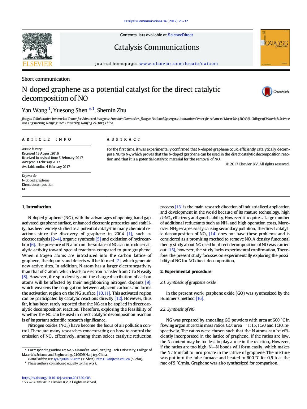 N-doped graphene as a potential catalyst for the direct catalytic decomposition of NO