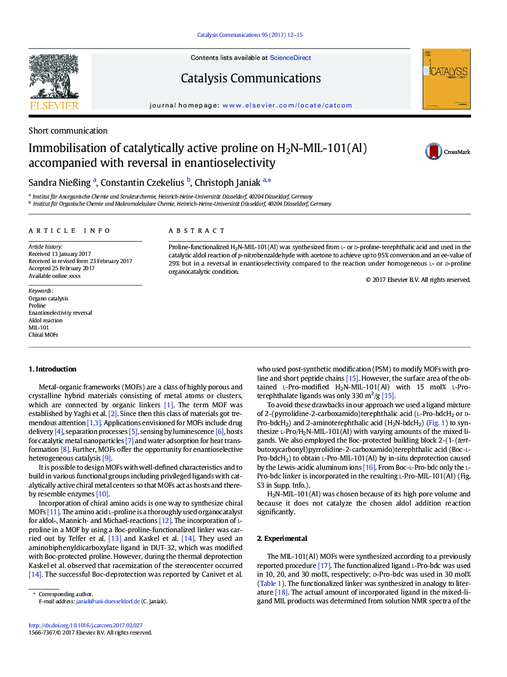 Immobilisation of catalytically active proline on H2N-MIL-101(Al) accompanied with reversal in enantioselectivity