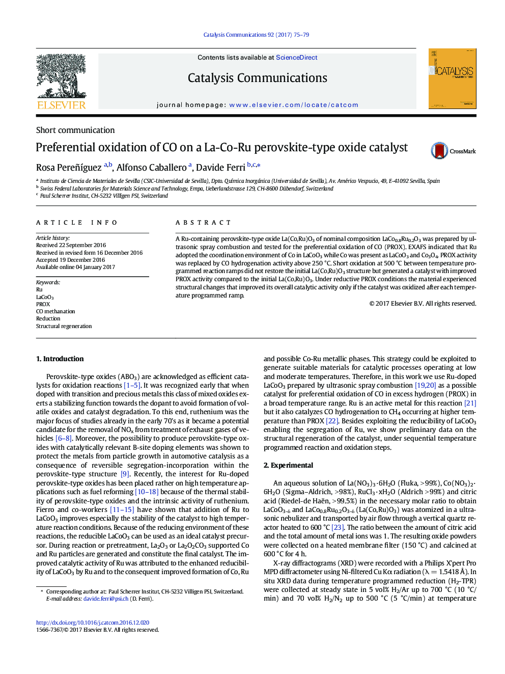 Preferential oxidation of CO on a La-Co-Ru perovskite-type oxide catalyst