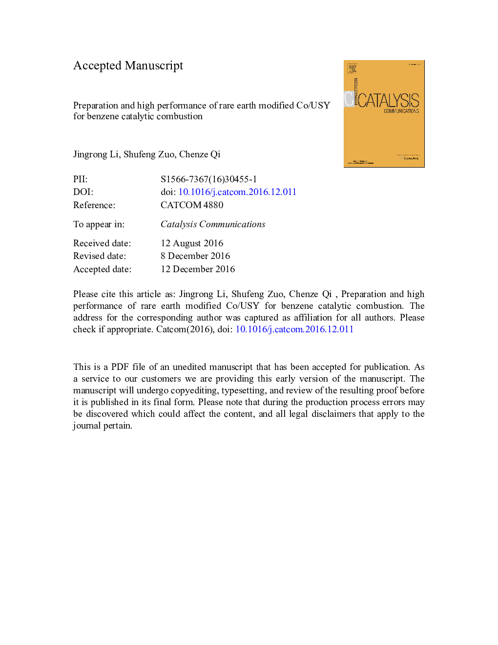 Preparation and high performance of rare earth modified Co/USY for benzene catalytic combustion