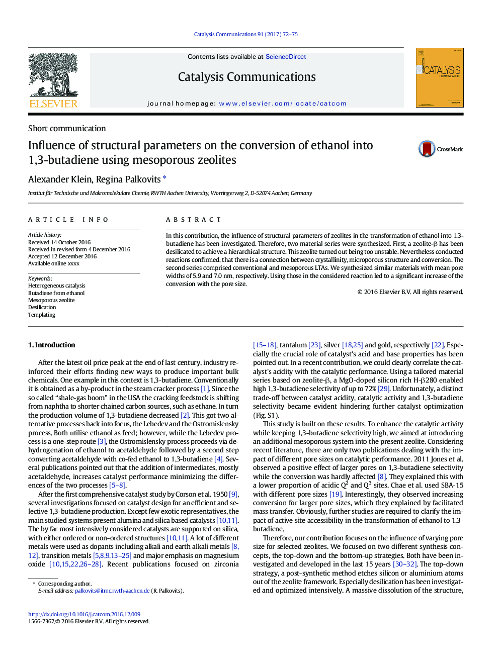 Influence of structural parameters on the conversion of ethanol into 1,3-butadiene using mesoporous zeolites