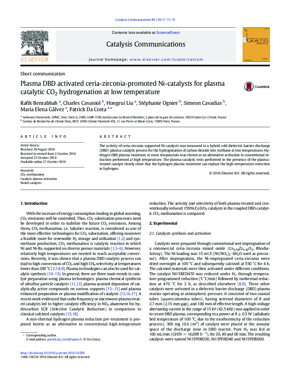 Plasma DBD activated ceria-zirconia-promoted Ni-catalysts for plasma catalytic CO2 hydrogenation at low temperature