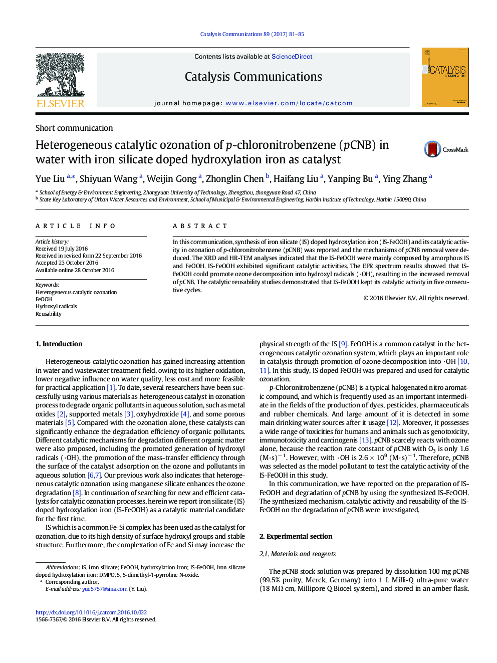 Heterogeneous catalytic ozonation of p-chloronitrobenzene (pCNB) in water with iron silicate doped hydroxylation iron as catalyst