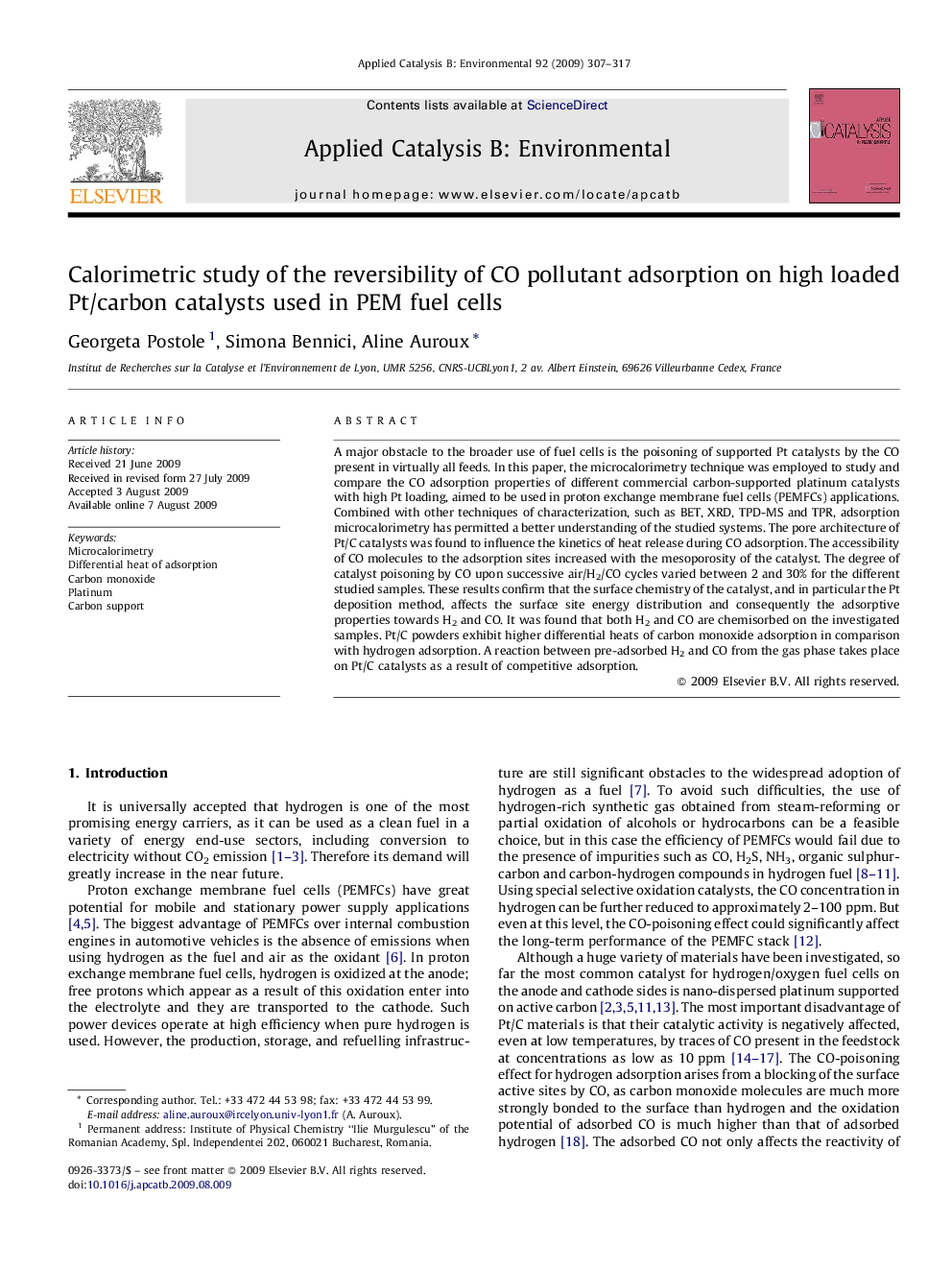 Calorimetric study of the reversibility of CO pollutant adsorption on high loaded Pt/carbon catalysts used in PEM fuel cells