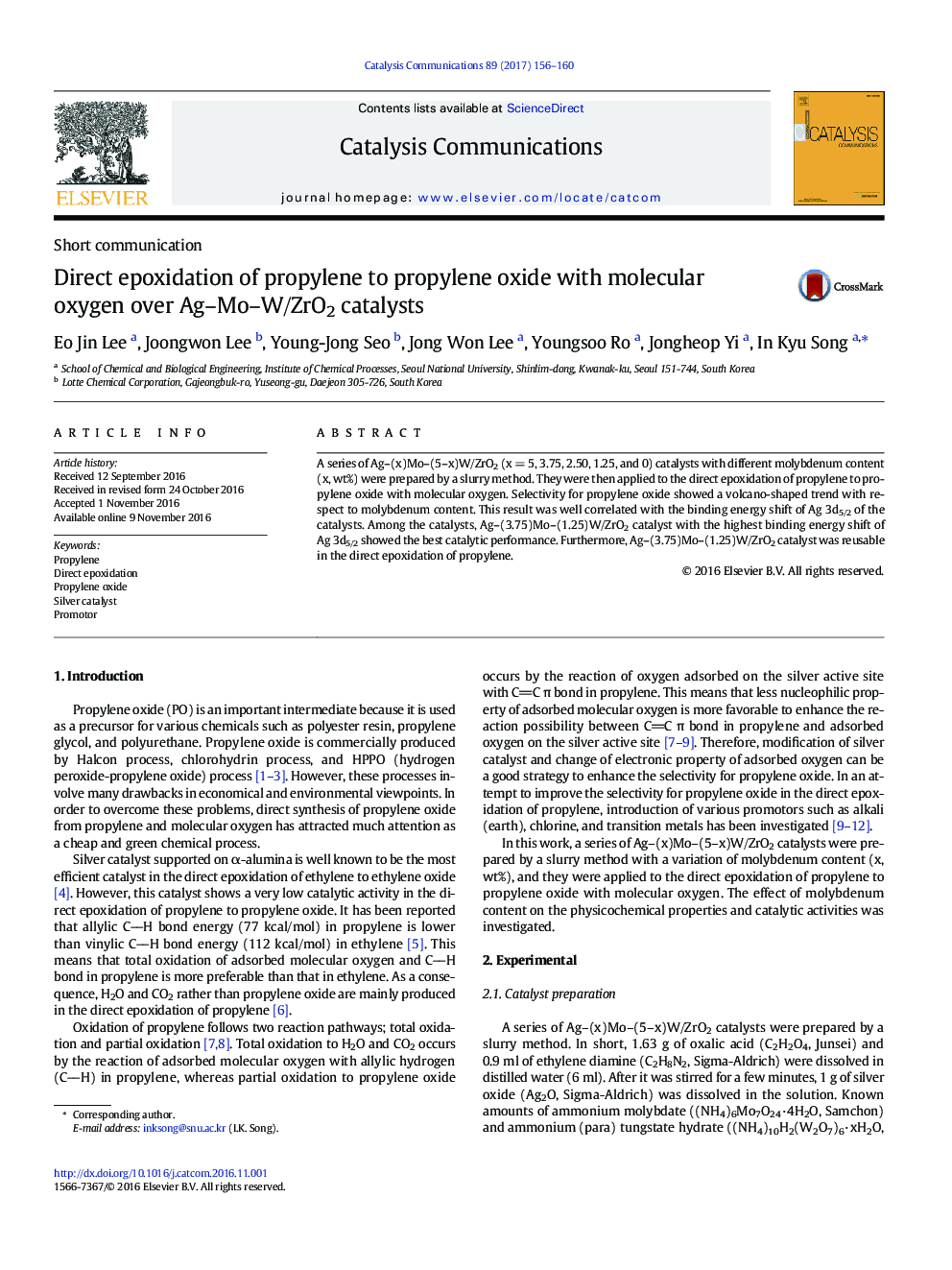 Direct epoxidation of propylene to propylene oxide with molecular oxygen over Ag-Mo-W/ZrO2 catalysts