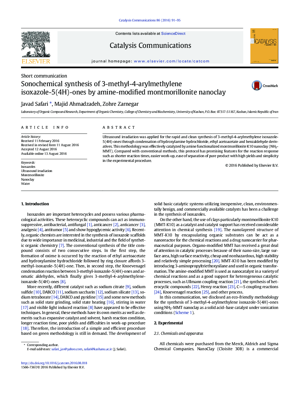 Sonochemical synthesis of 3-methyl-4-arylmethylene isoxazole-5(4H)-ones by amine-modified montmorillonite nanoclay