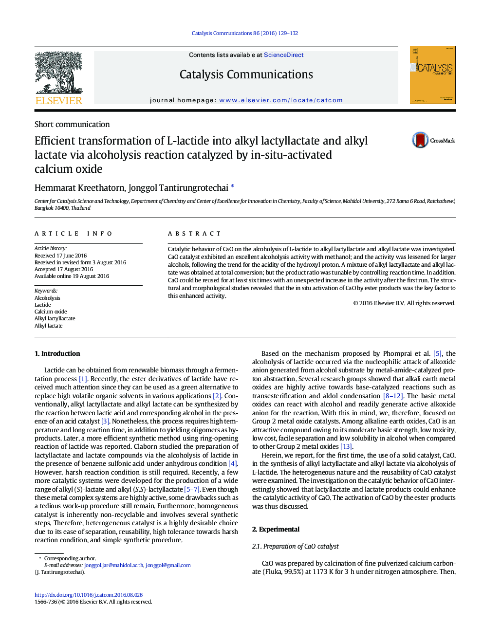 Efficient transformation of L-lactide into alkyl lactyllactate and alkyl lactate via alcoholysis reaction catalyzed by in-situ-activated calcium oxide