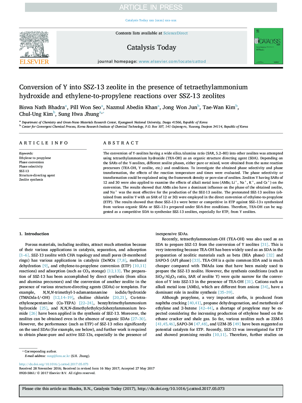 Conversion of Y into SSZ-13 zeolite in the presence of tetraethylammonium hydroxide and ethylene-to-propylene reactions over SSZ-13 zeolites