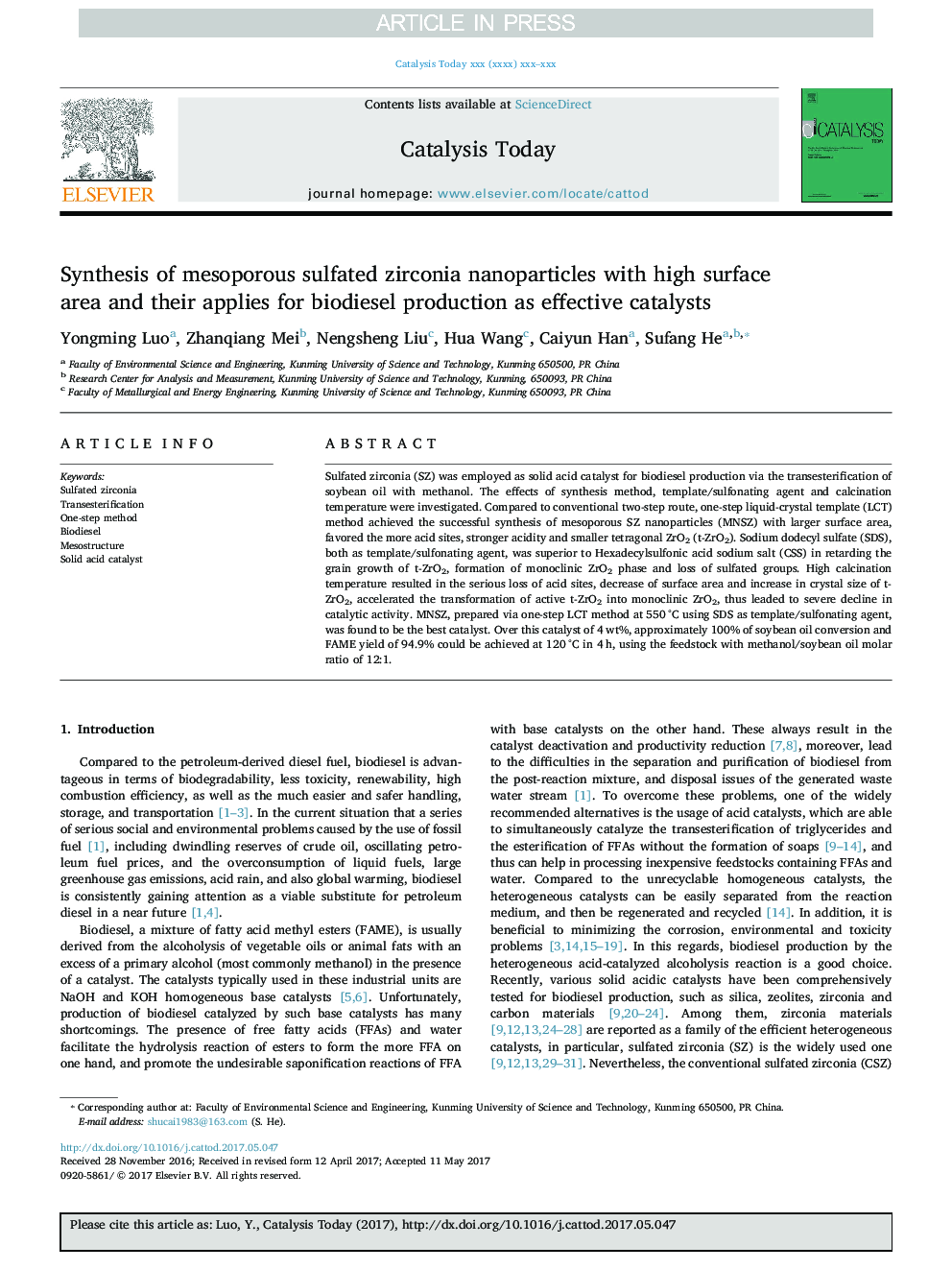 Synthesis of mesoporous sulfated zirconia nanoparticles with high surface area and their applies for biodiesel production as effective catalysts