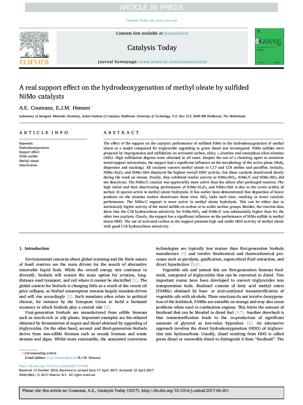 A real support effect on the hydrodeoxygenation of methyl oleate by sulfided NiMo catalysts