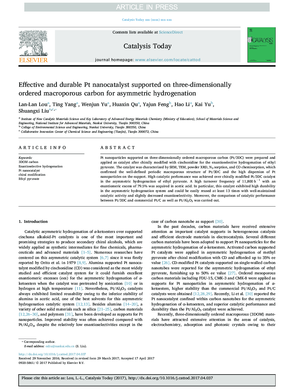 Effective and durable Pt nanocatalyst supported on three-dimensionally ordered macroporous carbon for asymmetric hydrogenation