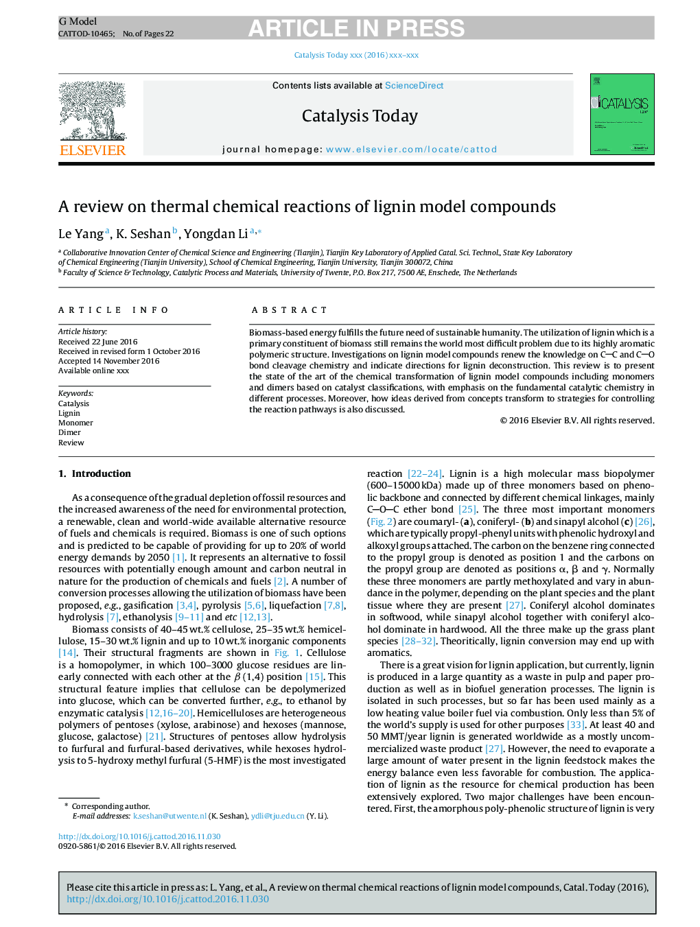 A review on thermal chemical reactions of lignin model compounds