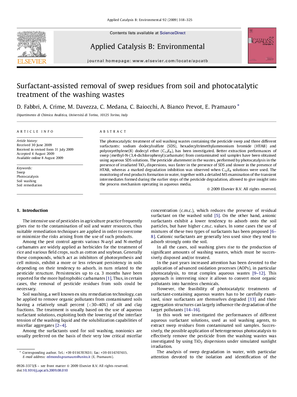 Surfactant-assisted removal of swep residues from soil and photocatalytic treatment of the washing wastes