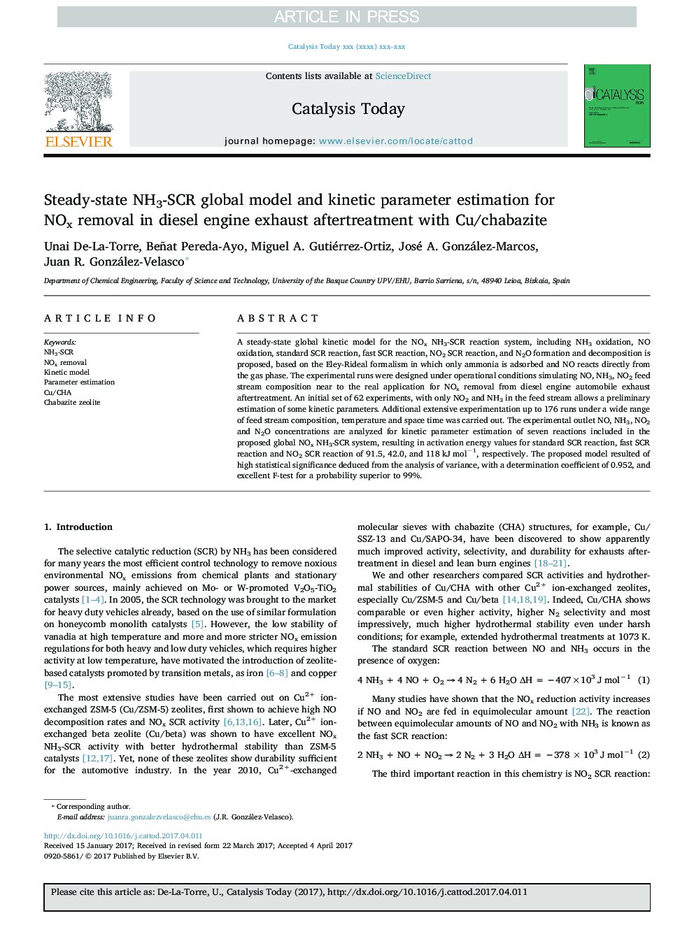 Steady-state NH3-SCR global model and kinetic parameter estimation for NOx removal in diesel engine exhaust aftertreatment with Cu/chabazite