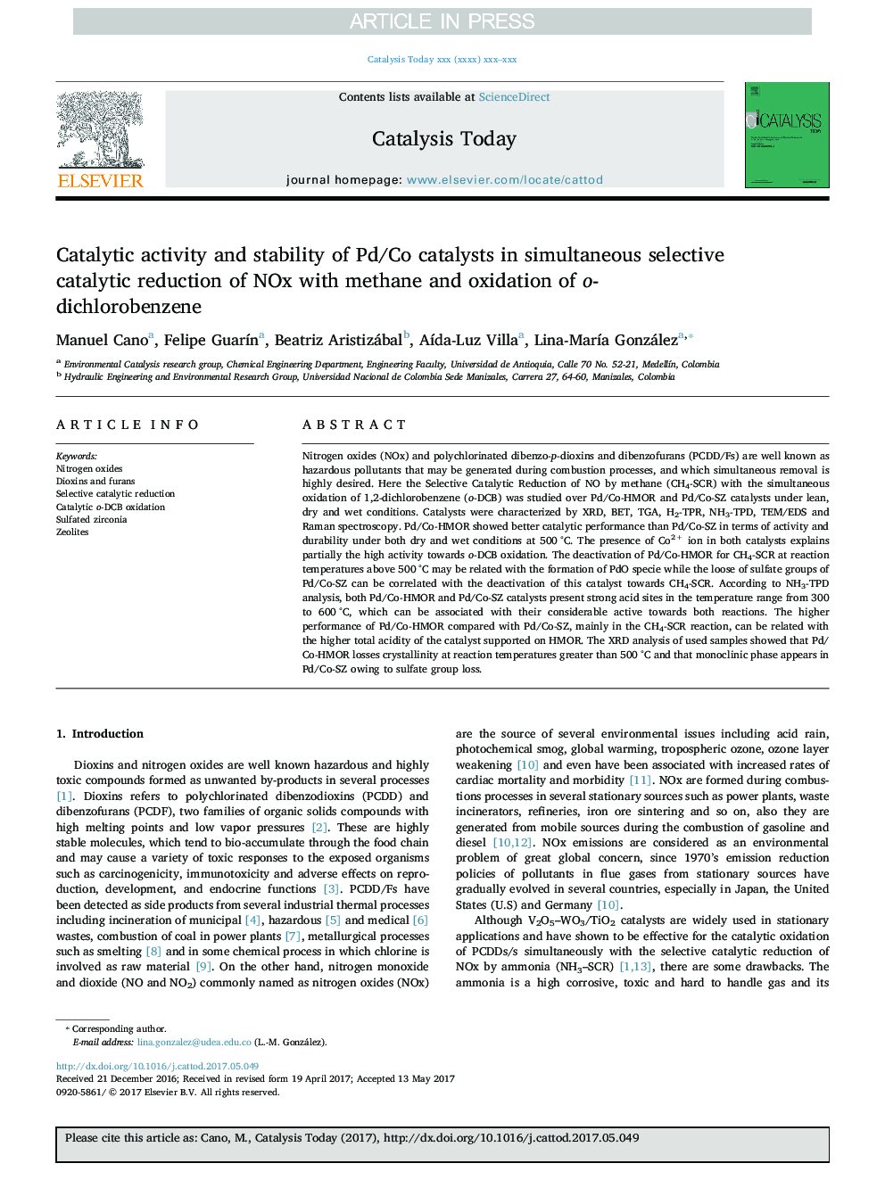 Catalytic activity and stability of Pd/Co catalysts in simultaneous selective catalytic reduction of NOx with methane and oxidation of o-dichlorobenzene