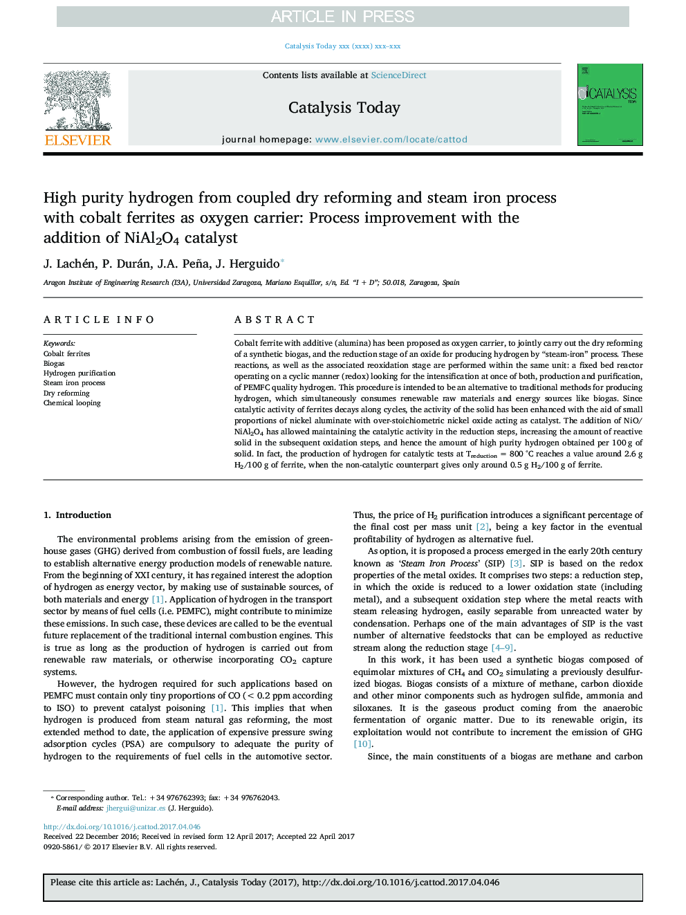 High purity hydrogen from coupled dry reforming and steam iron process with cobalt ferrites as oxygen carrier: Process improvement with the addition of NiAl2O4 catalyst