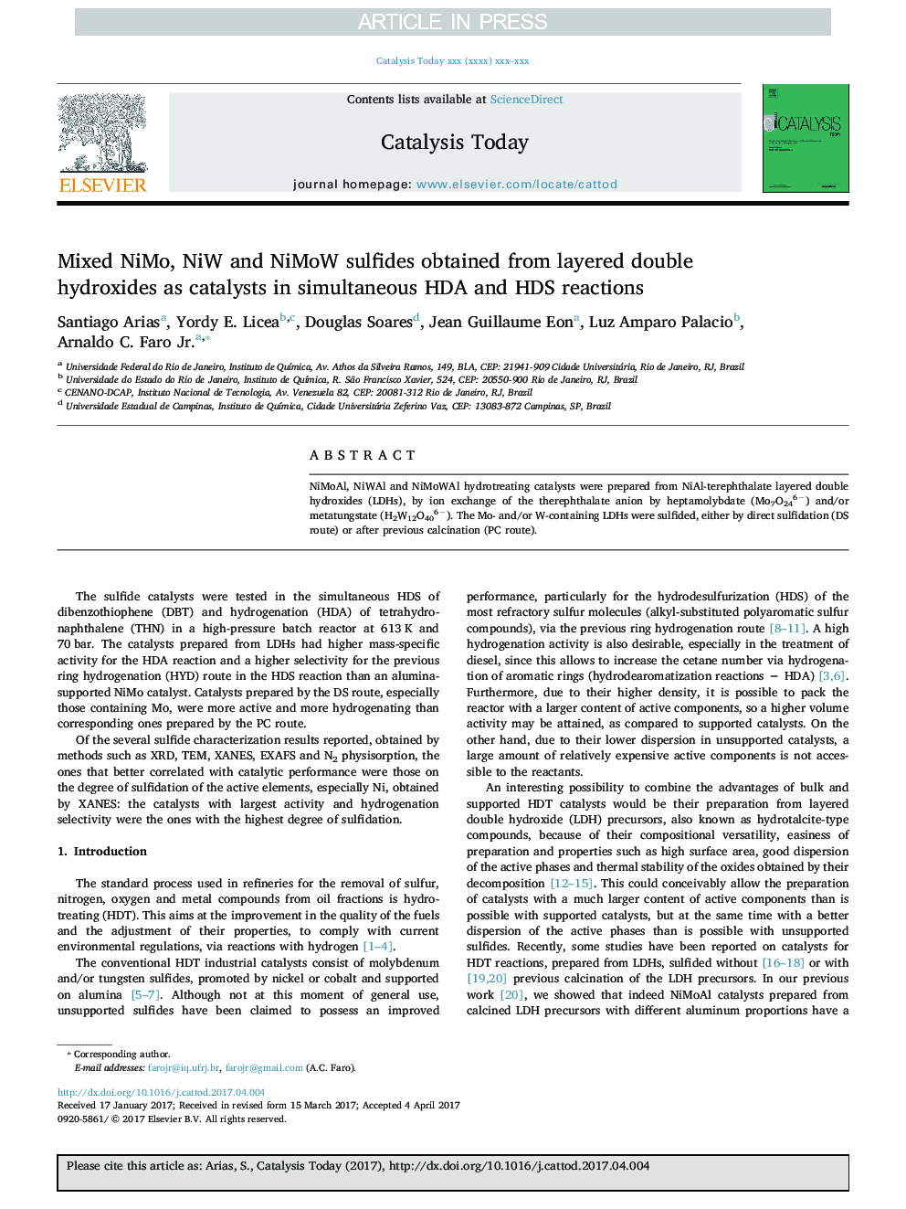 Mixed NiMo, NiW and NiMoW sulfides obtained from layered double hydroxides as catalysts in simultaneous HDA and HDS reactions