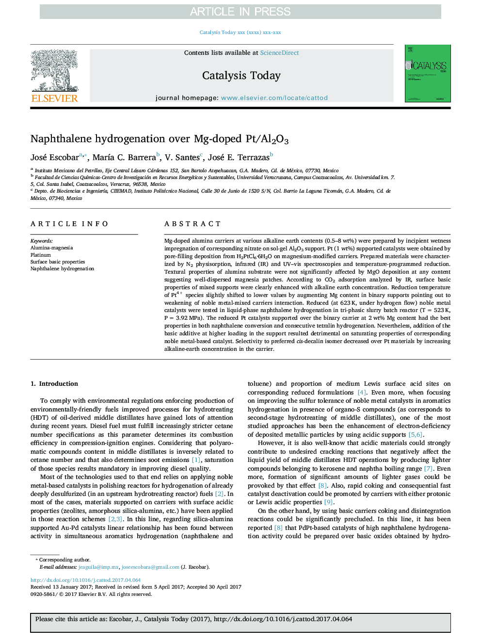 Naphthalene hydrogenation over Mg-doped Pt/Al2O3