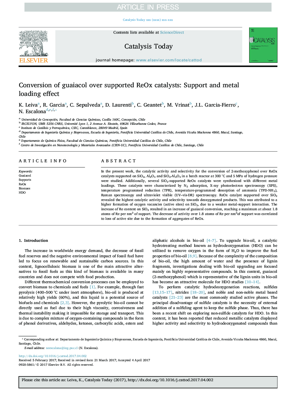 Conversion of guaiacol over supported ReOx catalysts: Support and metal loading effect