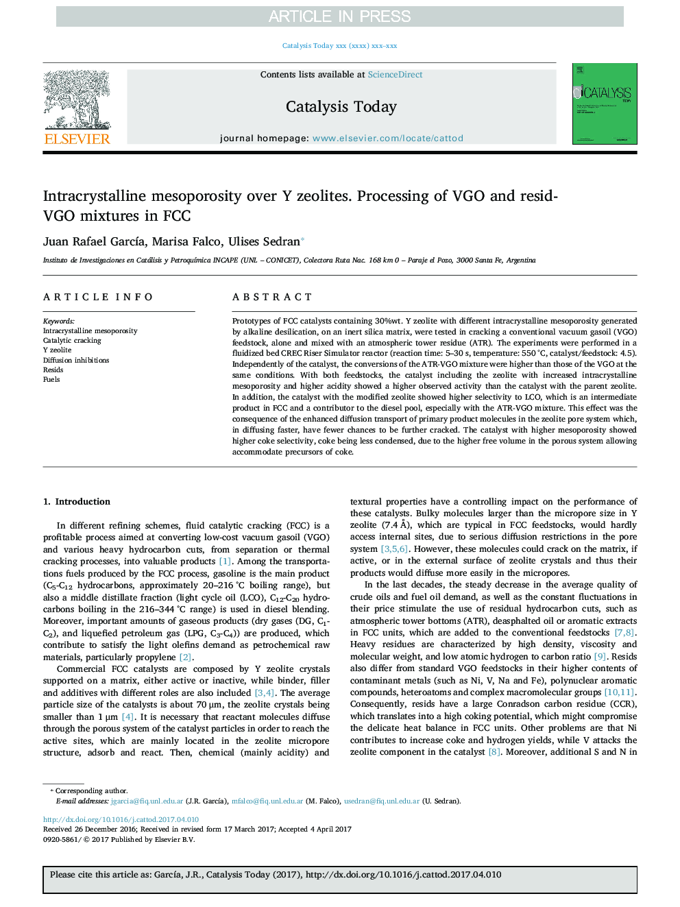 Intracrystalline mesoporosity over Y zeolites. Processing of VGO and resid-VGO mixtures in FCC