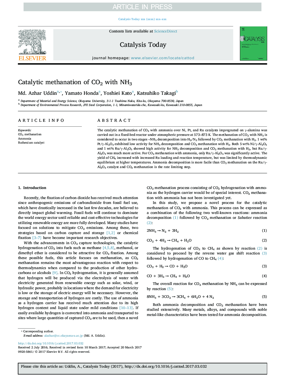 Catalytic methanation of CO2 with NH3