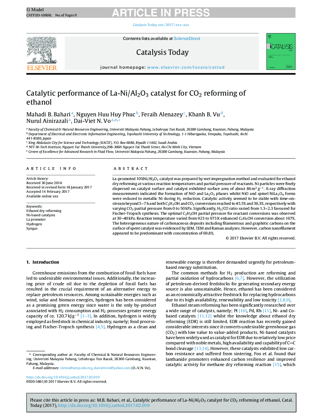 Catalytic performance of La-Ni/Al2O3 catalyst for CO2 reforming of ethanol