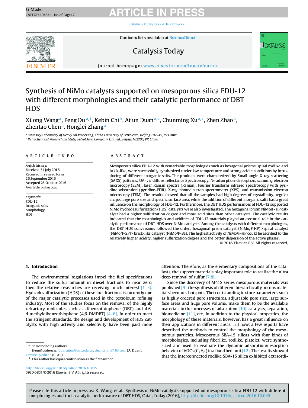 Synthesis of NiMo catalysts supported on mesoporous silica FDU-12 with different morphologies and their catalytic performance of DBT HDS