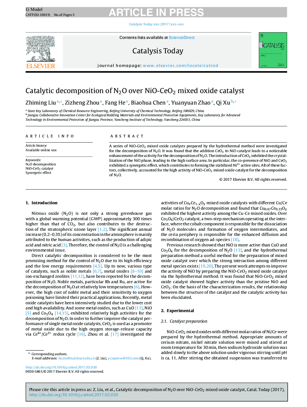 Catalytic decomposition of N2O over NiO-CeO2 mixed oxide catalyst