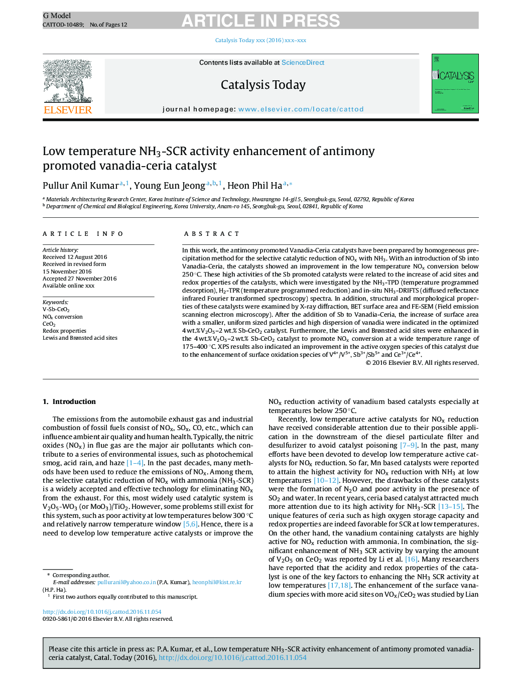 Low temperature NH3-SCR activity enhancement of antimony promoted vanadia-ceria catalyst