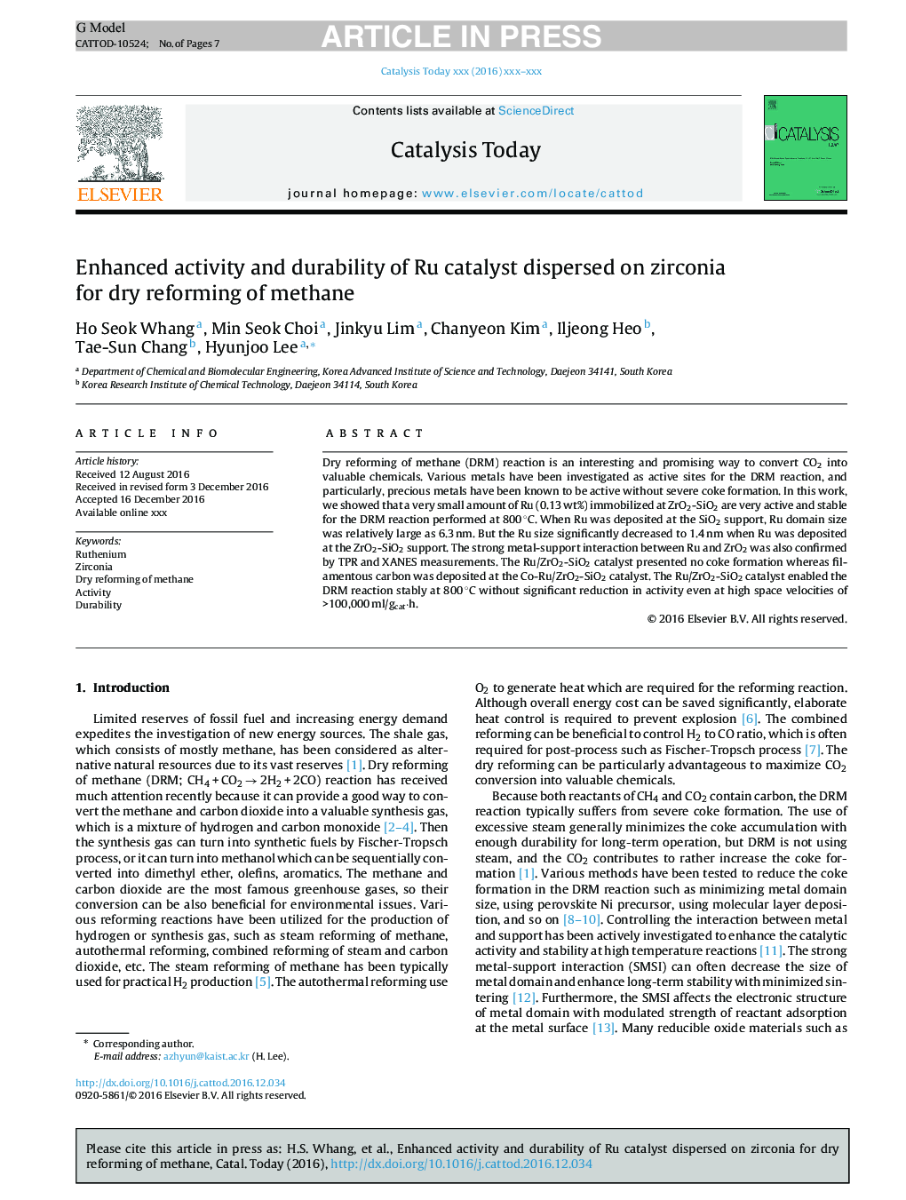 Enhanced activity and durability of Ru catalyst dispersed on zirconia for dry reforming of methane