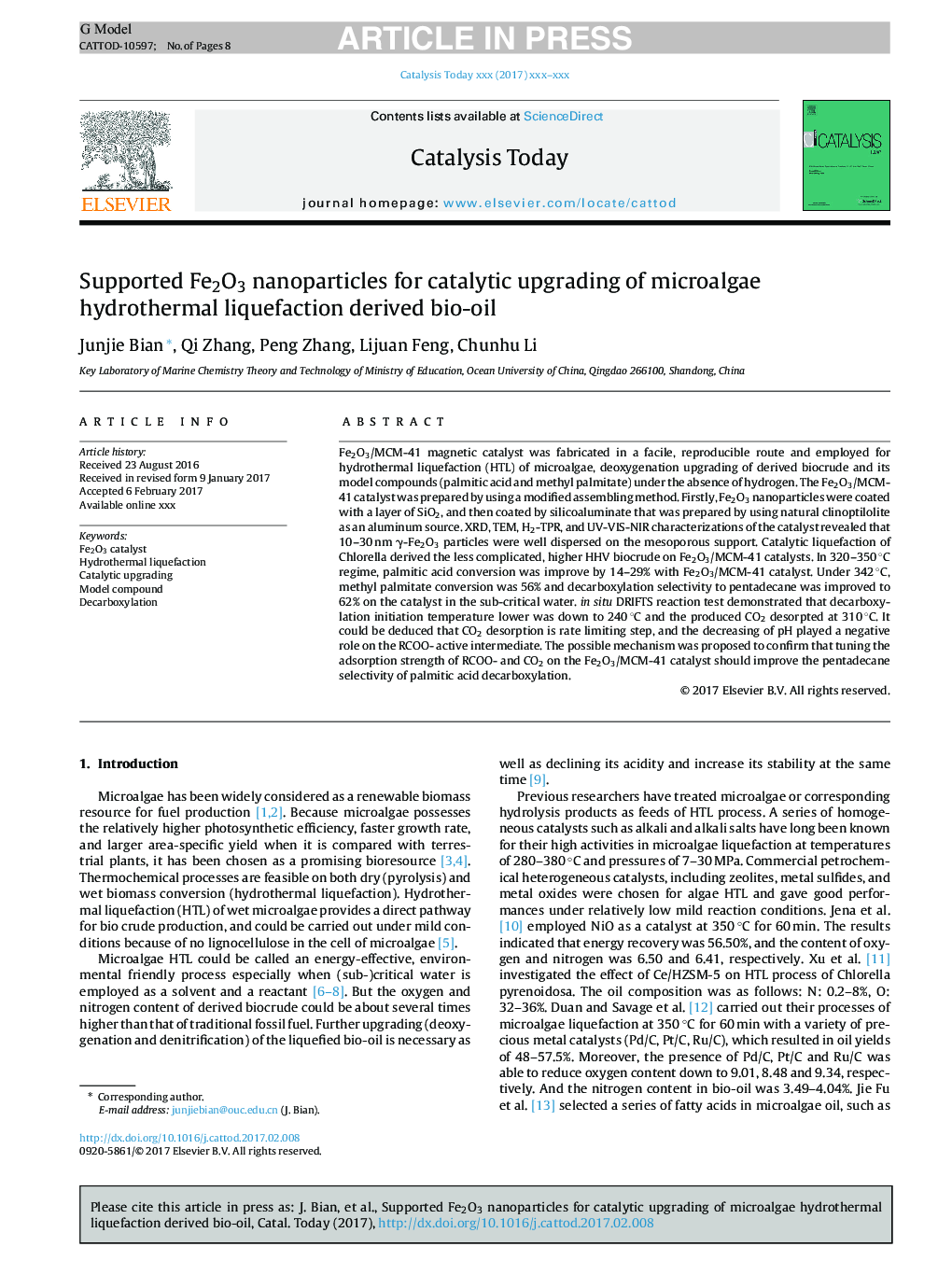 Supported Fe2O3 nanoparticles for catalytic upgrading of microalgae hydrothermal liquefaction derived bio-oil