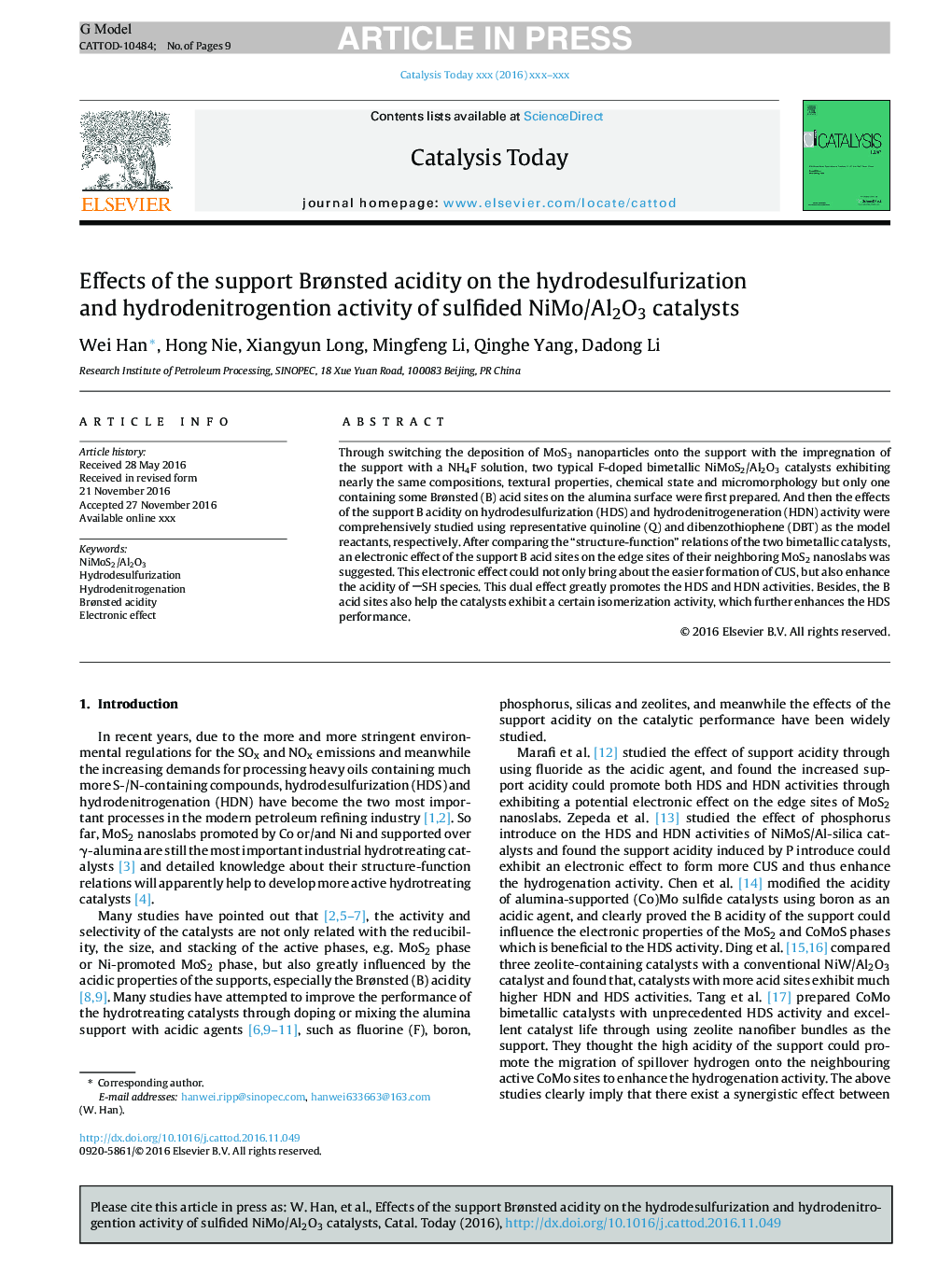 Effects of the support BrÃ¸nsted acidity on the hydrodesulfurization and hydrodenitrogention activity of sulfided NiMo/Al2O3 catalysts