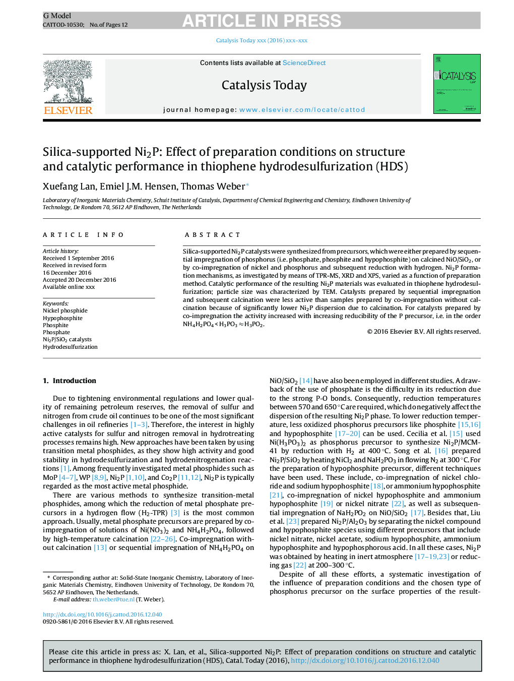 Silica-supported Ni2P: Effect of preparation conditions on structure and catalytic performance in thiophene hydrodesulfurization (HDS)