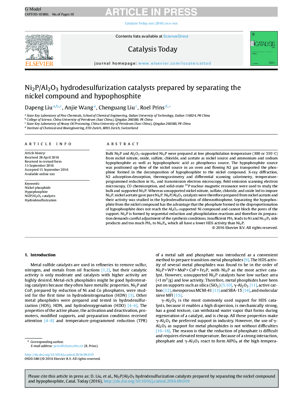 Ni2P/Al2O3 hydrodesulfurization catalysts prepared by separating the nickel compound and hypophosphite