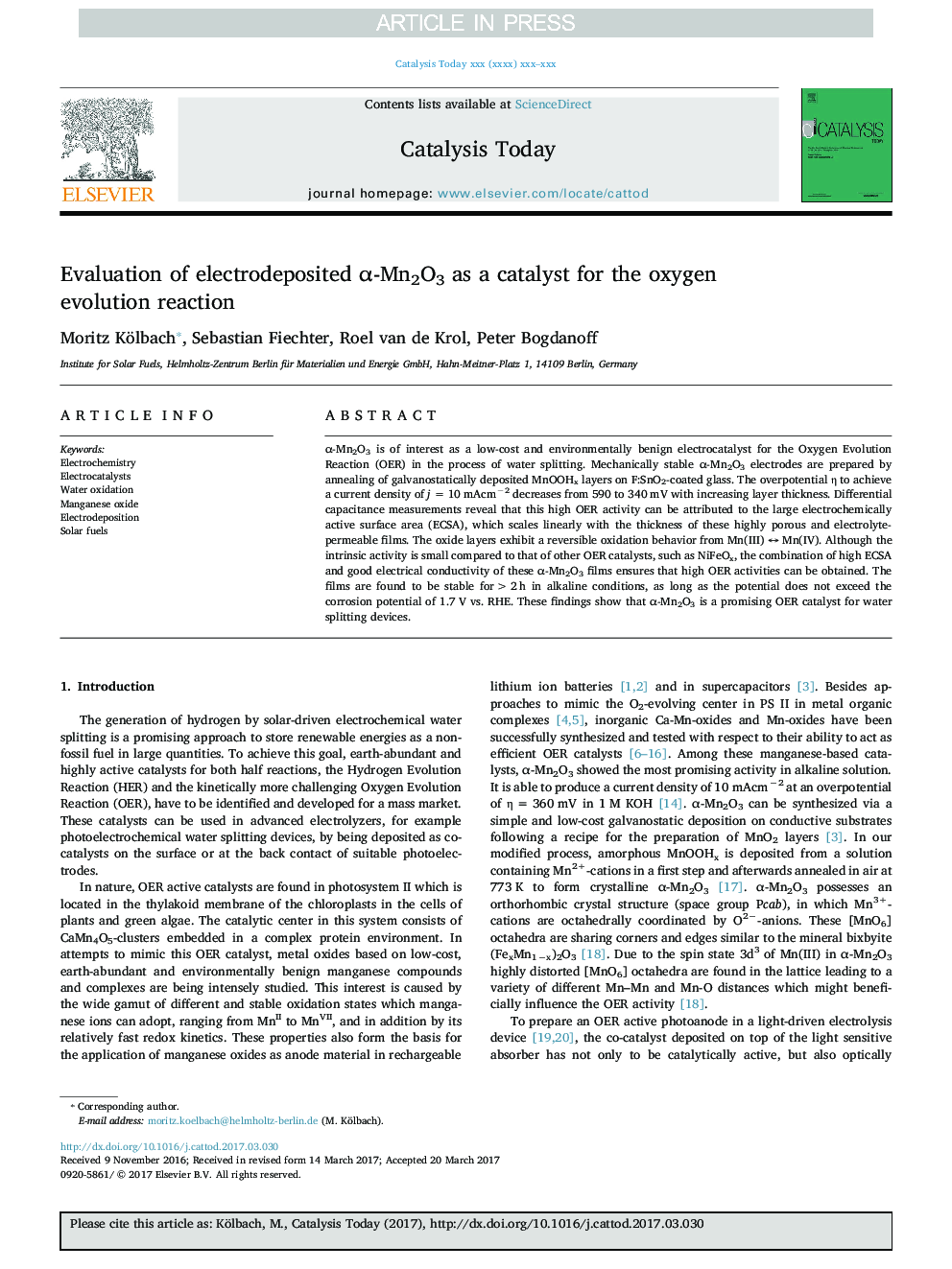 Evaluation of electrodeposited Î±-Mn2O3 as a catalyst for the oxygen evolution reaction