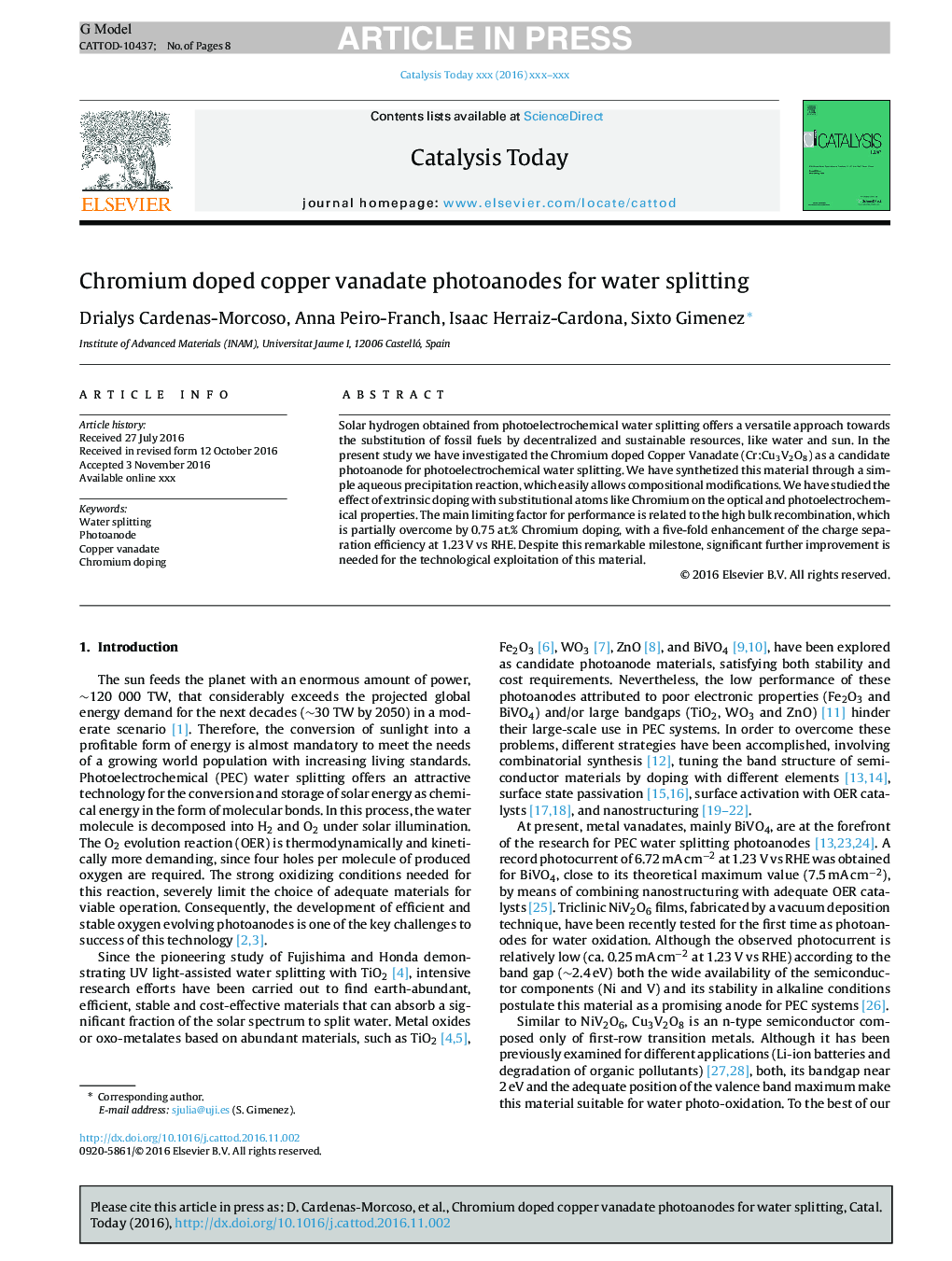 Chromium doped copper vanadate photoanodes for water splitting