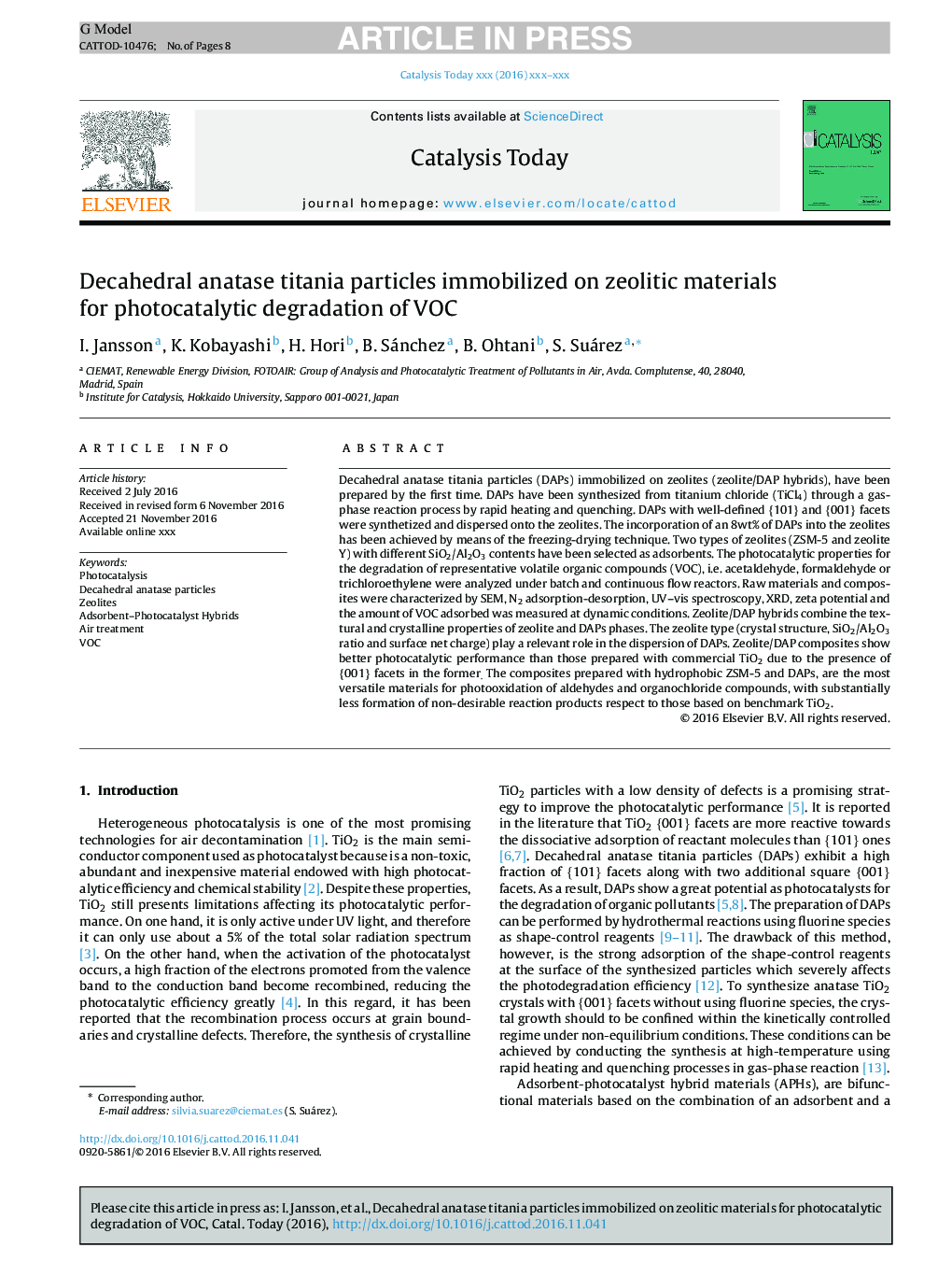 Decahedral anatase titania particles immobilized on zeolitic materials for photocatalytic degradation of VOC