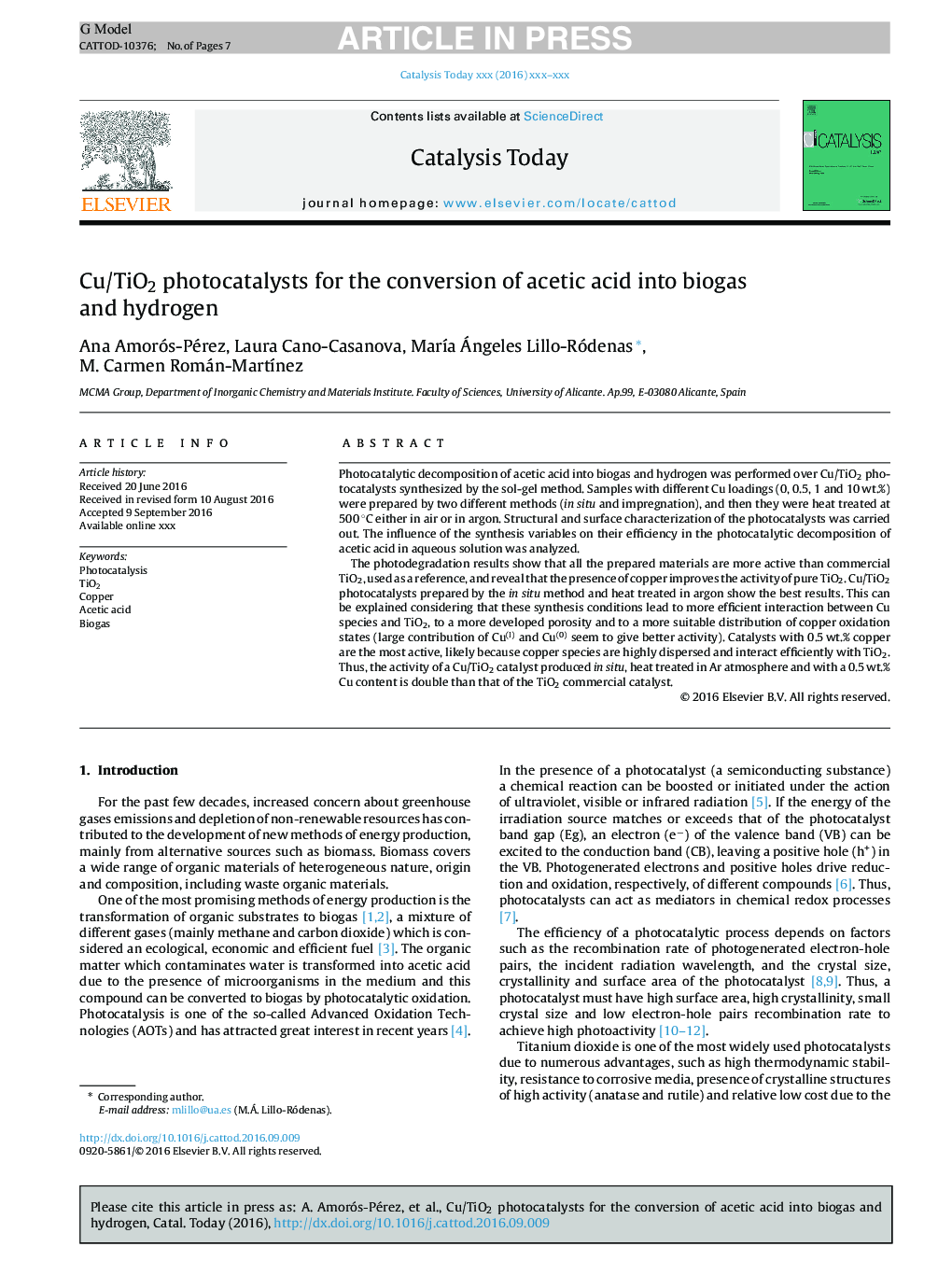 Cu/TiO2 photocatalysts for the conversion of acetic acid into biogas and hydrogen