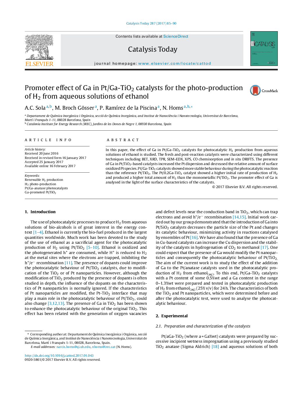 Promoter effect of Ga in Pt/Ga-TiO2 catalysts for the photo-production of H2 from aqueous solutions of ethanol