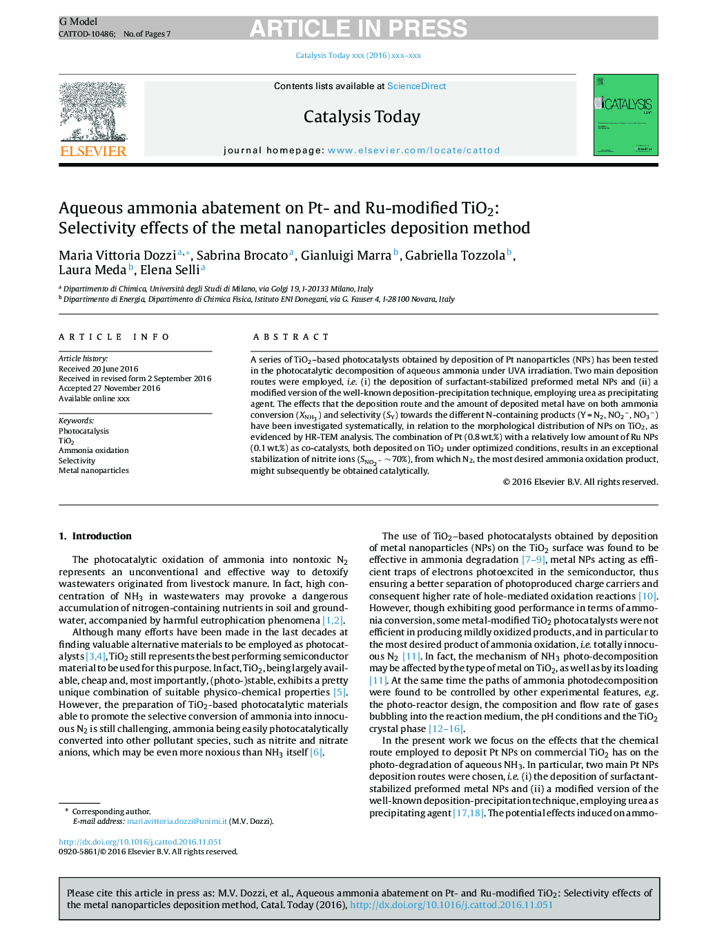 Aqueous ammonia abatement on Pt- and Ru-modified TiO2: Selectivity effects of the metal nanoparticles deposition method